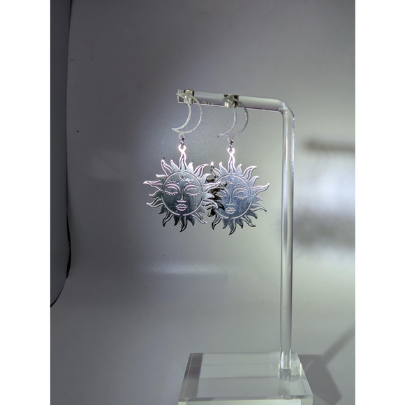 Celestial Sun and Moon Earrings, Stainless Steel Dangle Stud Earrings - Picture 6 of 15